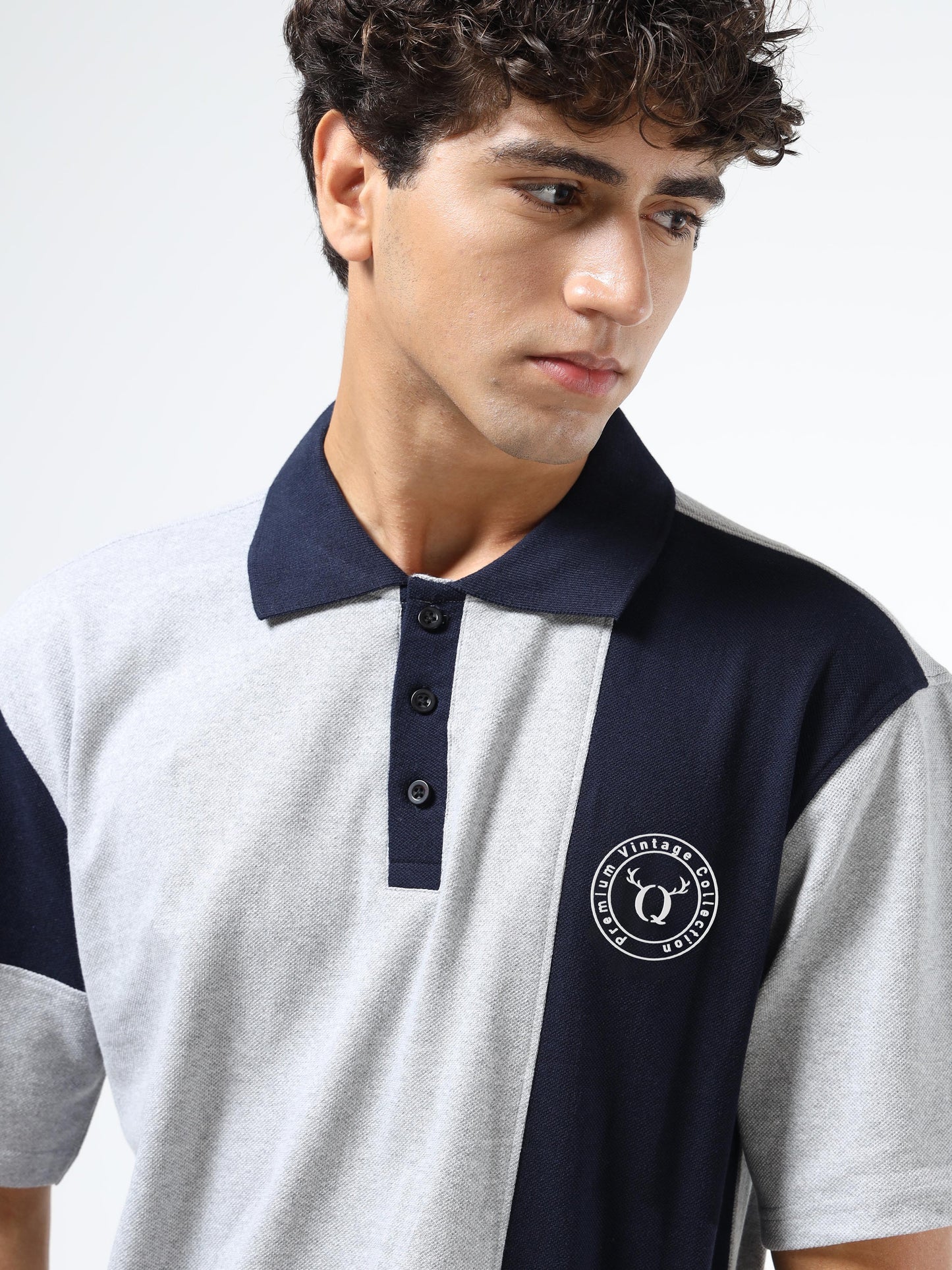 Men’s Grey & Navy Colorblock Cotton Blend Polo T-Shirt with Chest Logo | Relaxed Fit Casual Tee