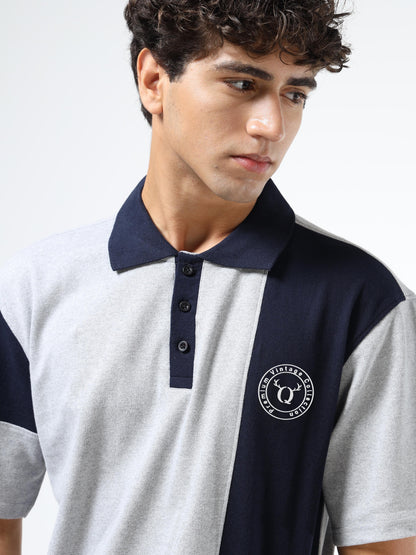 Men’s Grey & Navy Colorblock Cotton Blend Polo T-Shirt with Chest Logo | Relaxed Fit Casual Tee