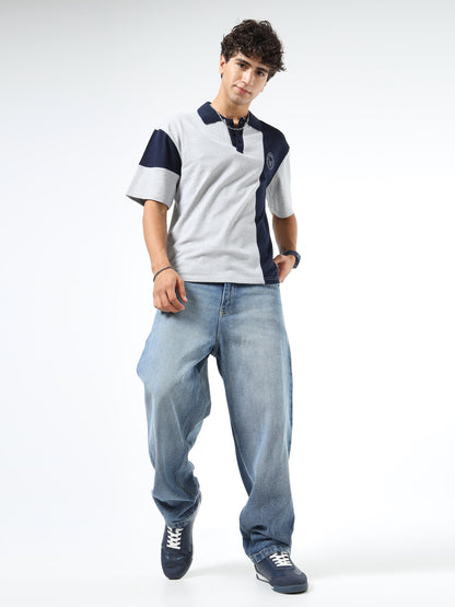 Men’s Grey & Navy Colorblock Cotton Blend Polo T-Shirt with Chest Logo | Relaxed Fit Casual Tee