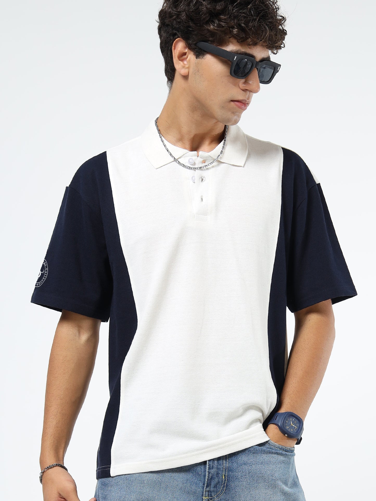 Men’s Off White & Navy Blue Colourblocked Polo | Knitted | Short Sleeves | Button Closure