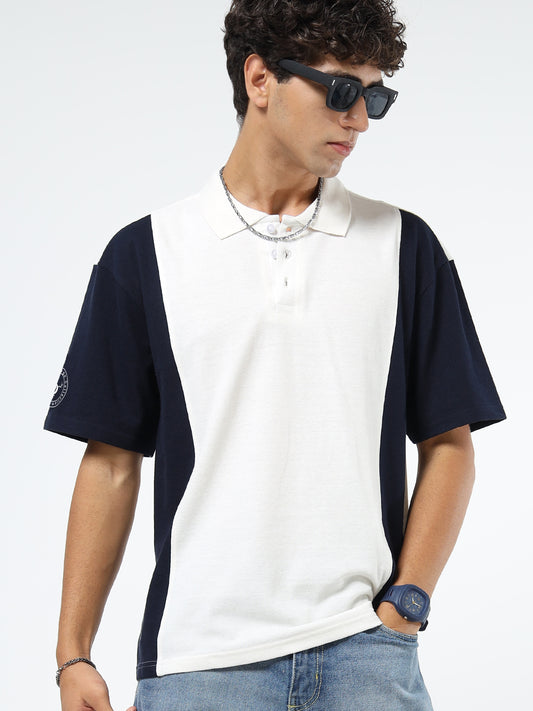Men’s Off White & Navy Blue Colourblocked Polo | Knitted | Short Sleeves | Button Closure