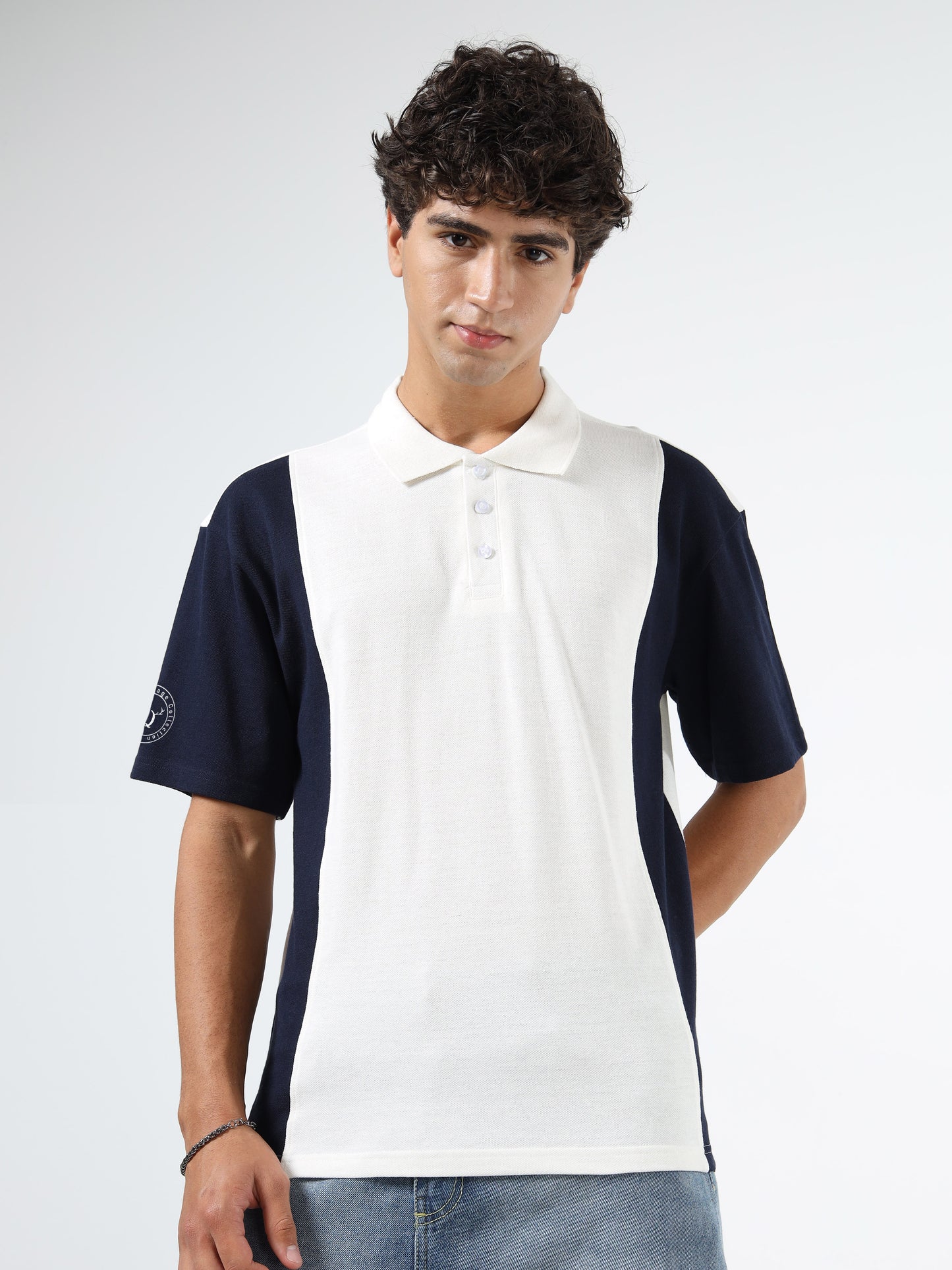Men’s Off White & Navy Blue Colourblocked Polo | Knitted | Short Sleeves | Button Closure