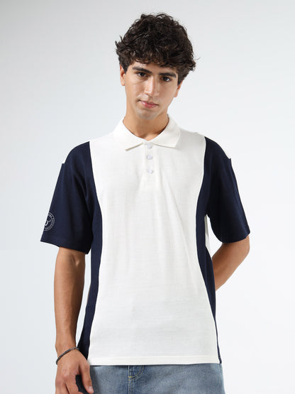 Men’s Off White & Navy Blue Colourblocked Polo | Knitted | Short Sleeves | Button Closure