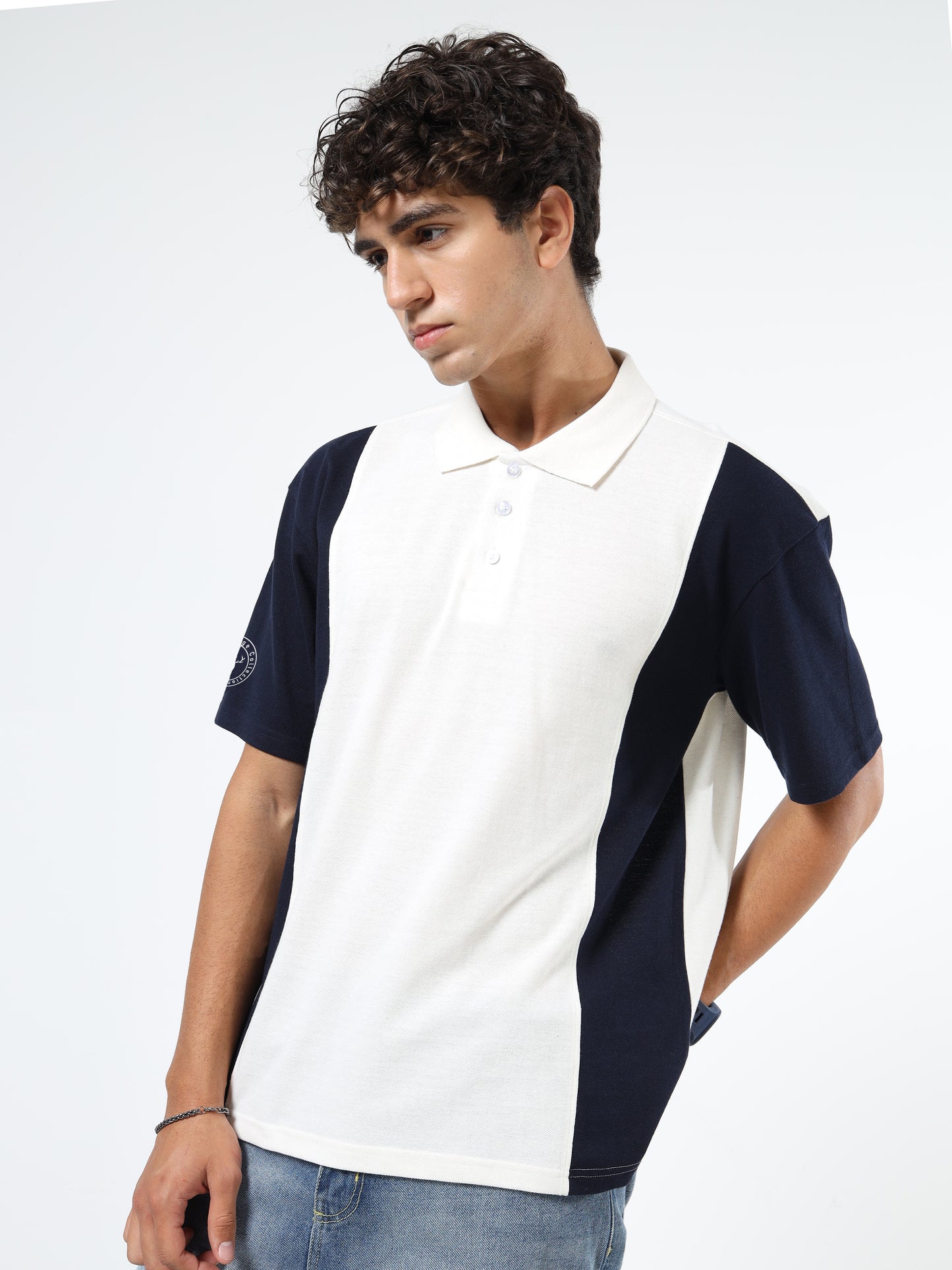 Men’s Off White & Navy Blue Colourblocked Polo | Knitted | Short Sleeves | Button Closure