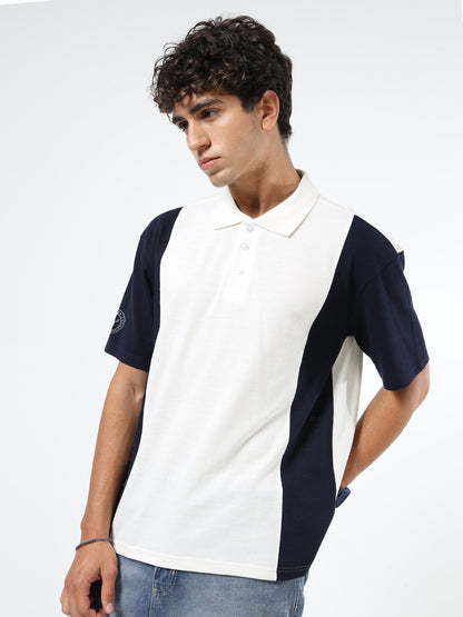 Men’s Off White & Navy Blue Colourblocked Polo | Knitted | Short Sleeves | Button Closure