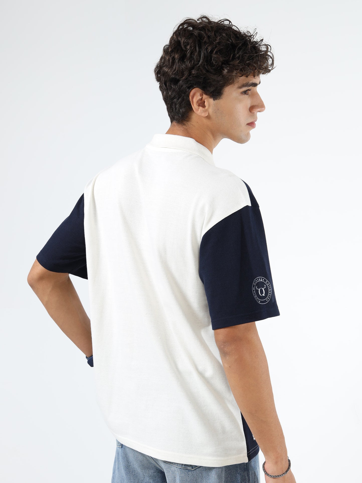 Men’s Off White & Navy Blue Colourblocked Polo | Knitted | Short Sleeves | Button Closure