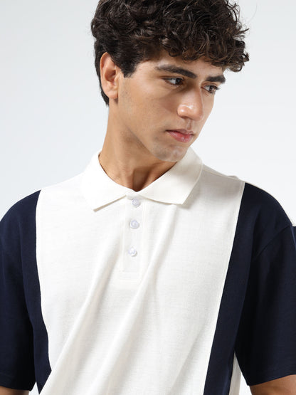 Men’s Off White & Navy Blue Colourblocked Polo | Knitted | Short Sleeves | Button Closure