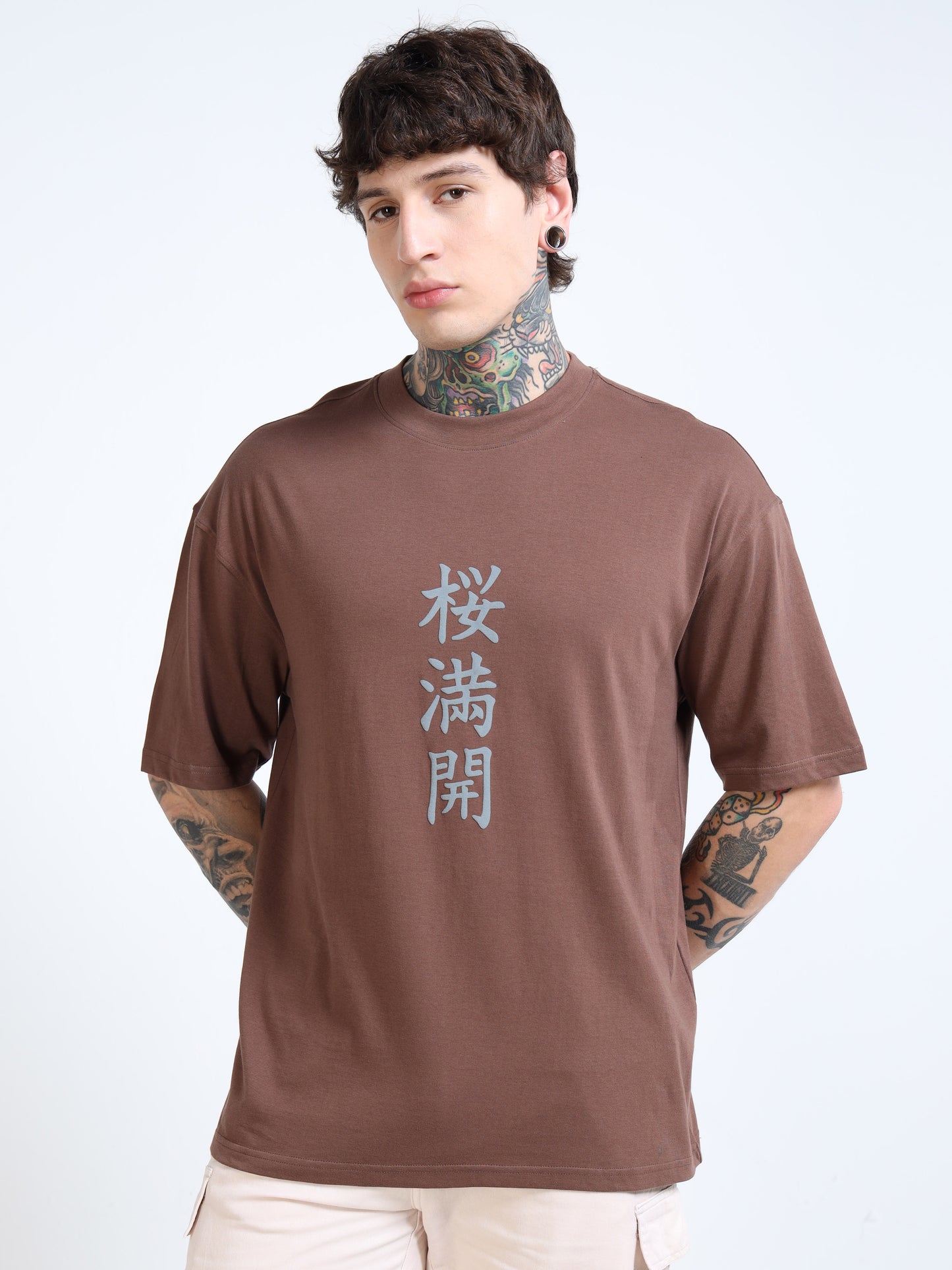Men Floral Printed Round Neck Cotton Oversized Drop-Shoulder T-shirt