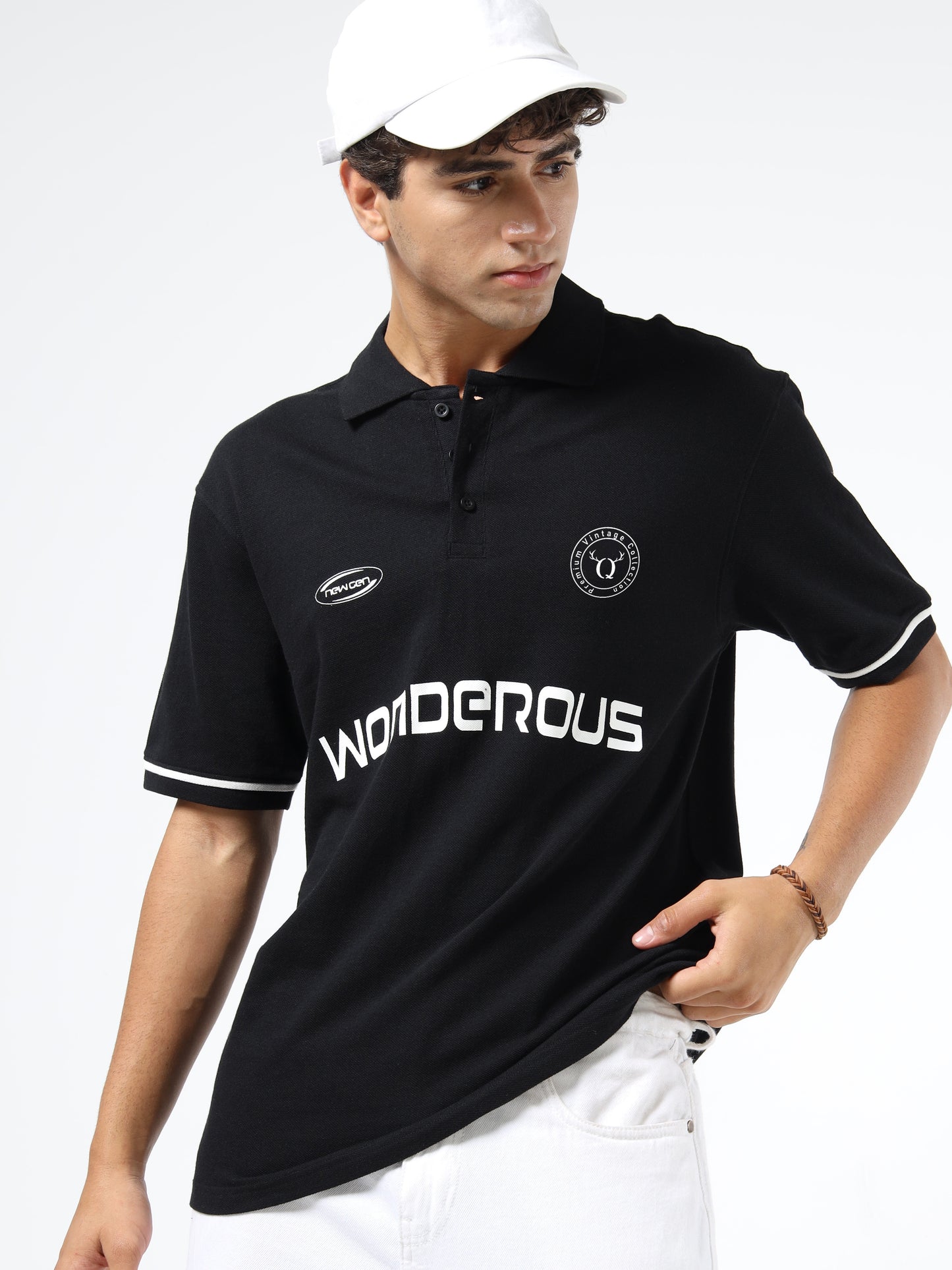 Men’s Black Cotton Blend Printed Polo T-Shirt with Typography & Chest Logo | Relaxed Fit Casual Tee