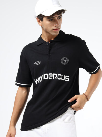 Men’s Black Cotton Blend Printed Polo T-Shirt with Typography & Chest Logo | Relaxed Fit Casual Tee