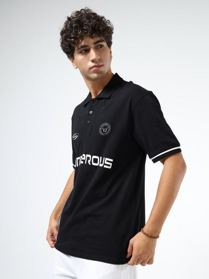 Men’s Black Cotton Blend Printed Polo T-Shirt with Typography & Chest Logo | Relaxed Fit Casual Tee