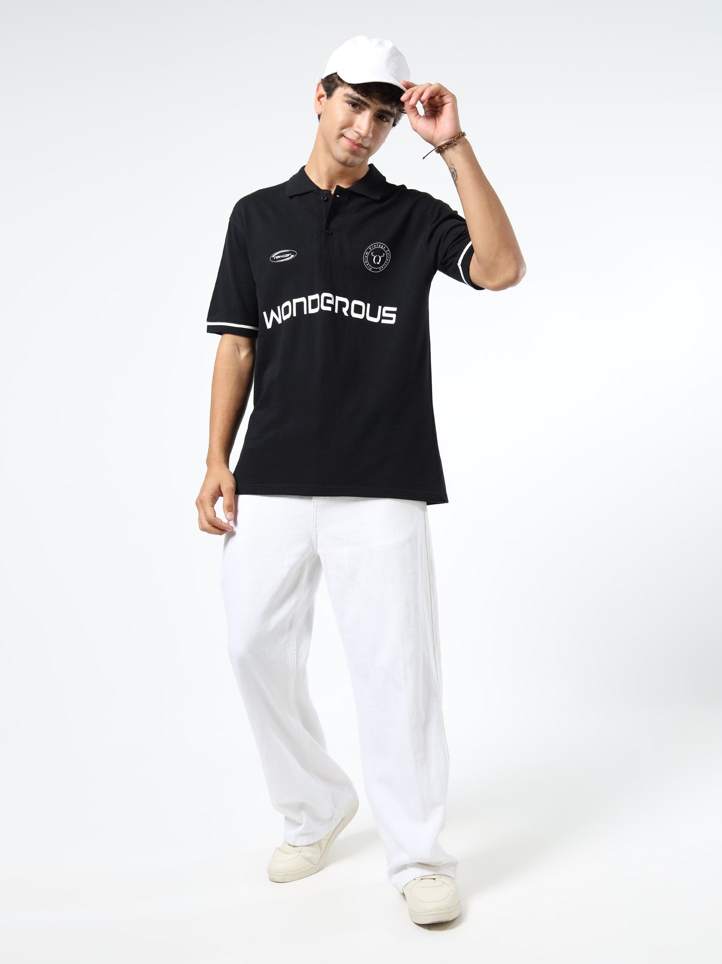 Men’s Black Cotton Blend Printed Polo T-Shirt with Typography & Chest Logo | Relaxed Fit Casual Tee