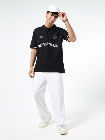 Men’s Black Cotton Blend Printed Polo T-Shirt with Typography & Chest Logo | Relaxed Fit Casual Tee