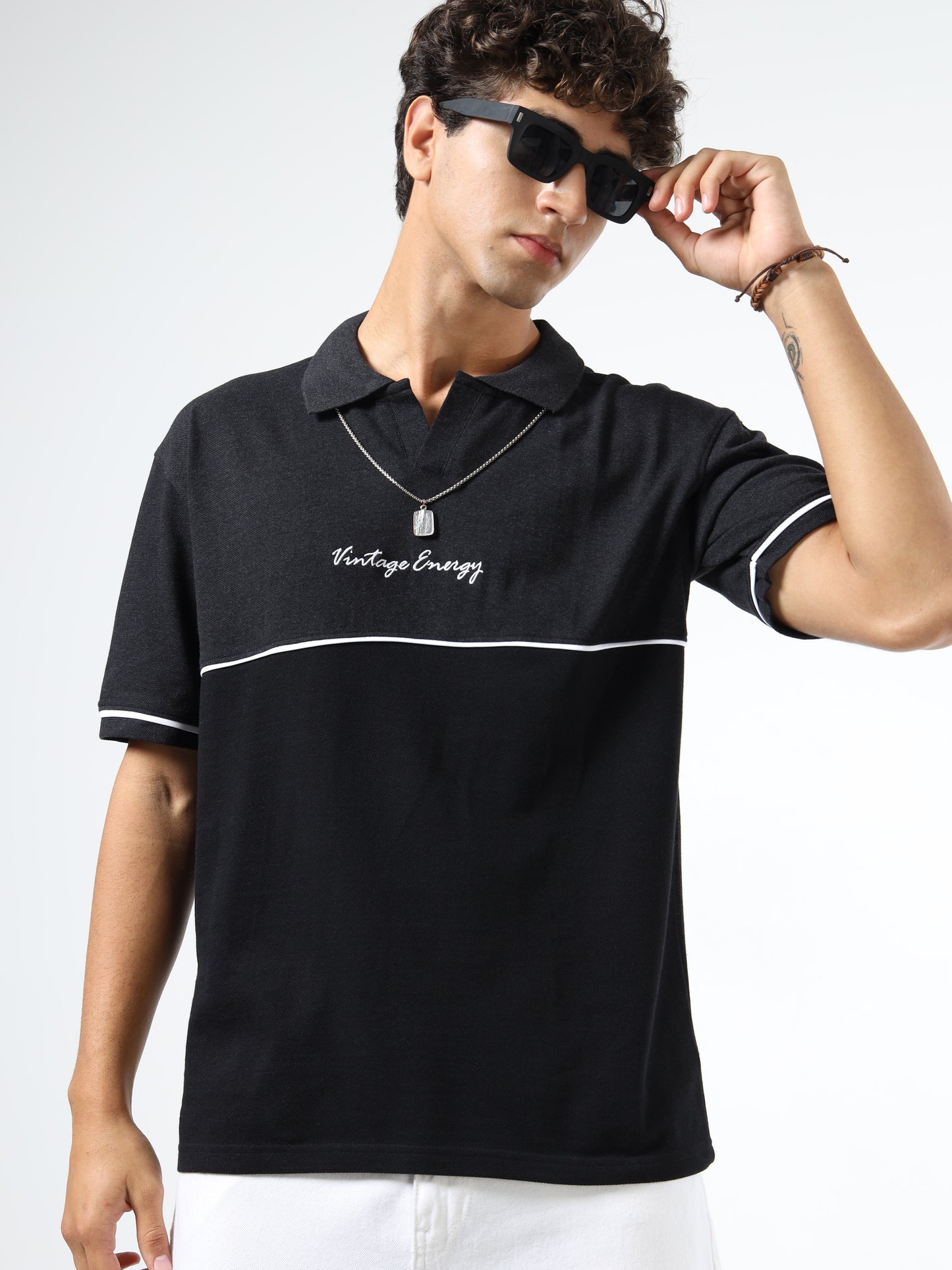 Men’s Black Cotton Blend Polo T-Shirt | Vintage Energy Print | Slim Fit Casual Tee