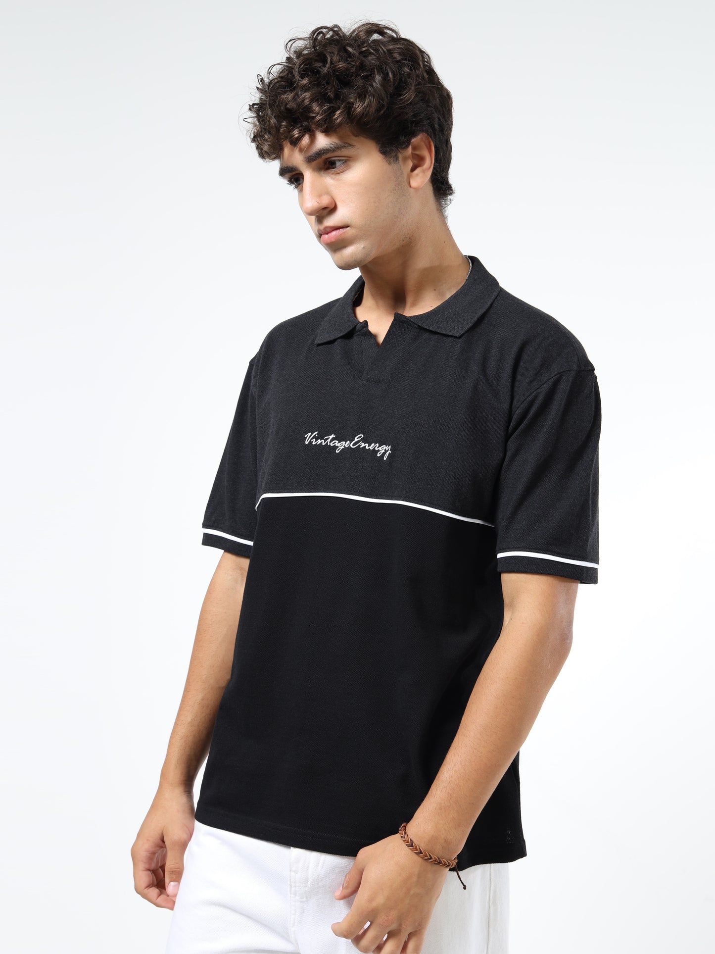 Men’s Black Cotton Blend Polo T-Shirt | Vintage Energy Print | Slim Fit Casual Tee