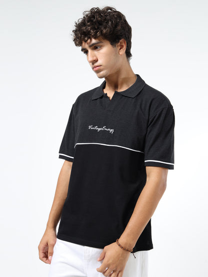 Men’s Black Cotton Blend Polo T-Shirt | Vintage Energy Print | Slim Fit Casual Tee