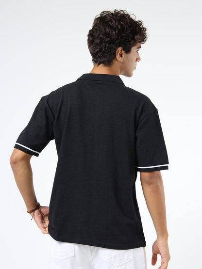 Men’s Black Cotton Blend Polo T-Shirt | Vintage Energy Print | Slim Fit Casual Tee