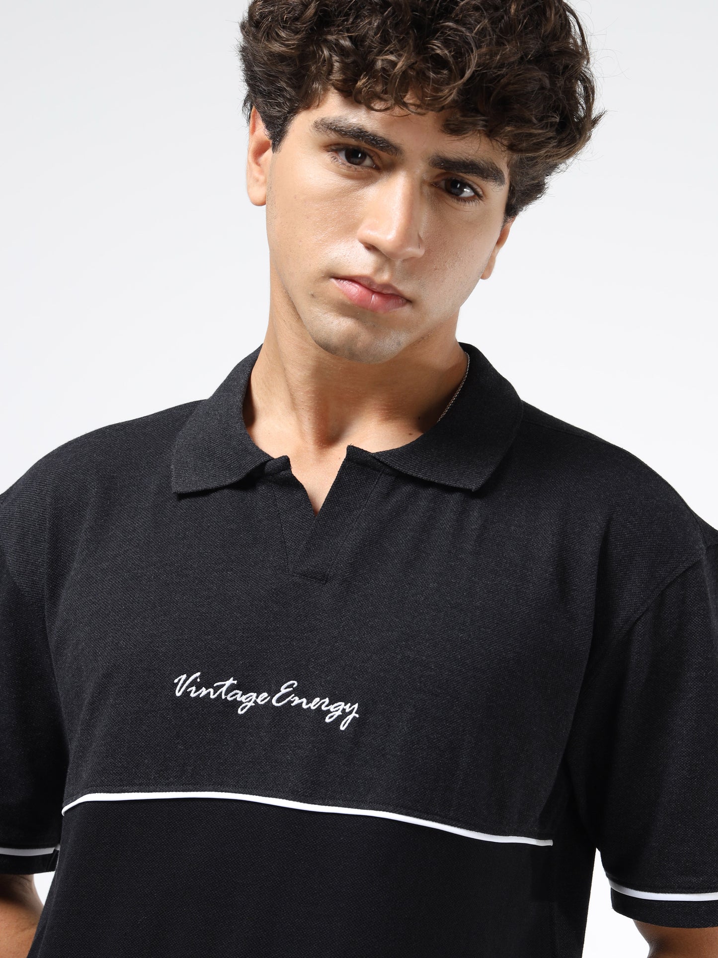 Men’s Black Cotton Blend Polo T-Shirt | Vintage Energy Print | Slim Fit Casual Tee