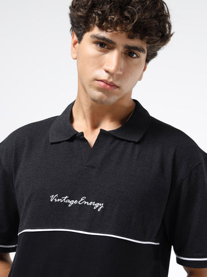 Men’s Black Cotton Blend Polo T-Shirt | Vintage Energy Print | Slim Fit Casual Tee