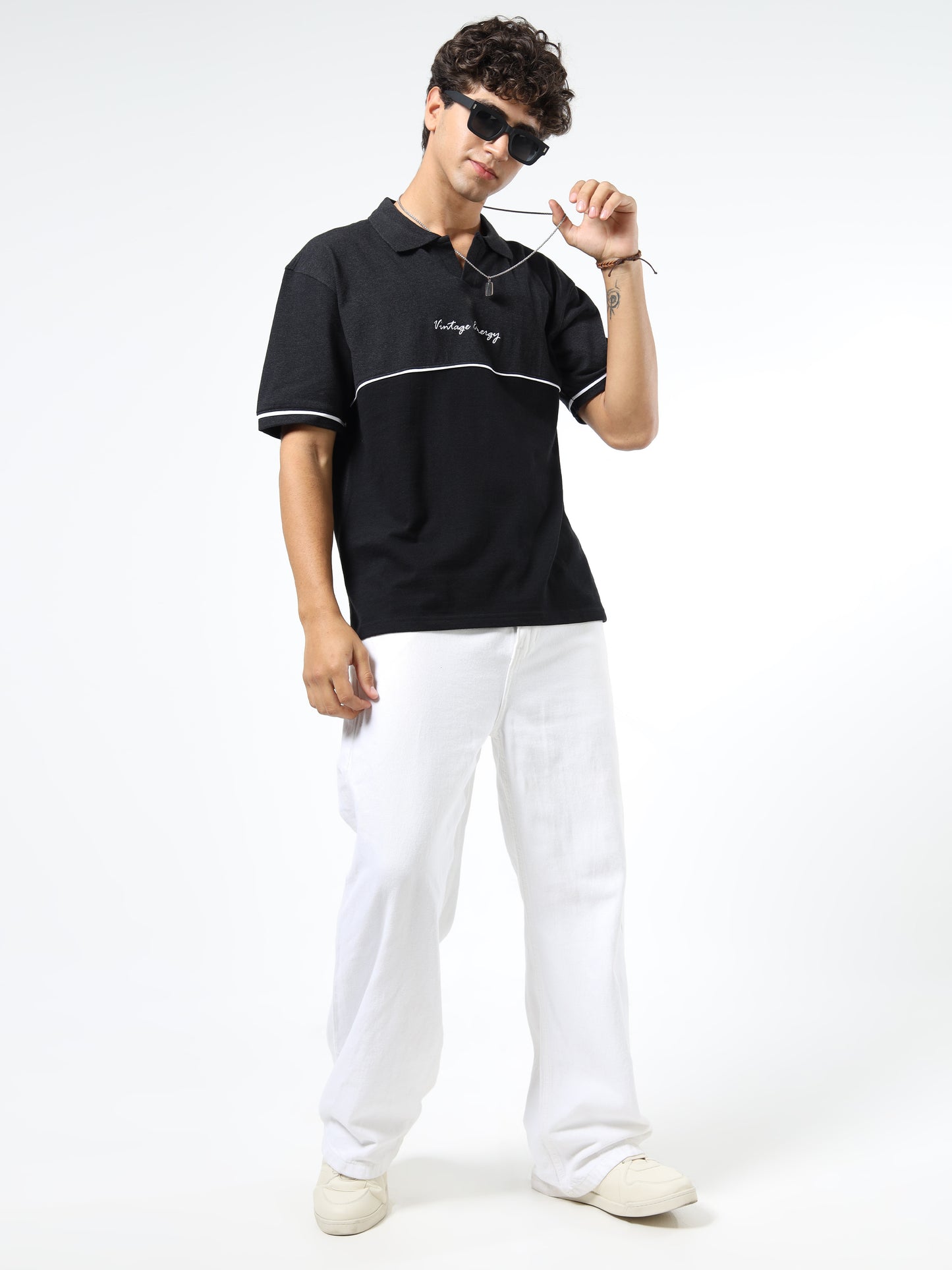 Men’s Black Cotton Blend Polo T-Shirt | Vintage Energy Print | Slim Fit Casual Tee