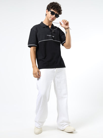 Men’s Black Cotton Blend Polo T-Shirt | Vintage Energy Print | Slim Fit Casual Tee