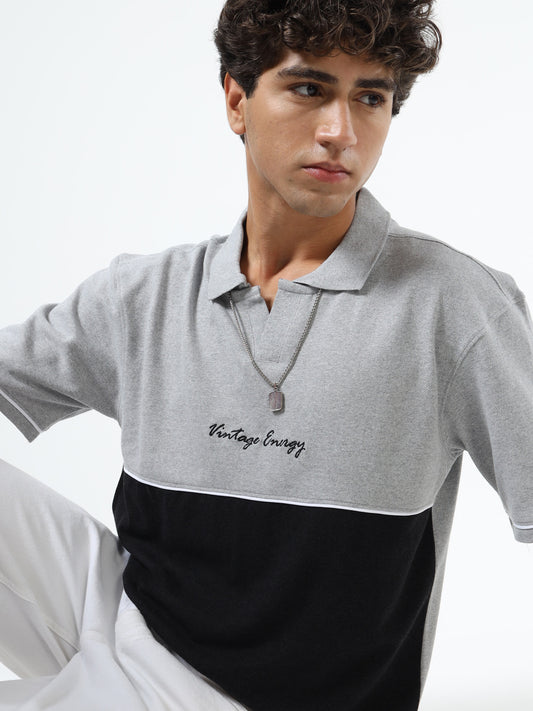 Men’s Grey & Black Colorblock Polo T-Shirt | Cotton Blend | Vintage Energy Print