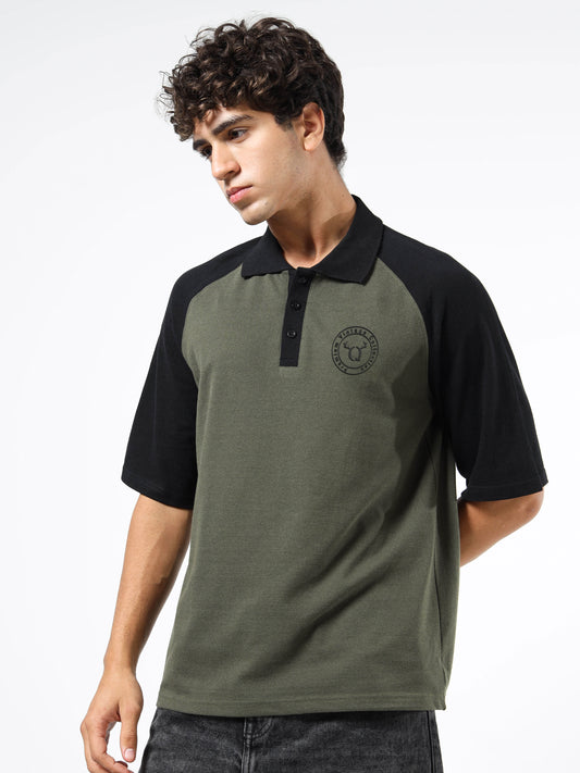 Men’s Olive Green & Black Oversized Polo | Colourblocked | Knitted Cotton | Button Closure