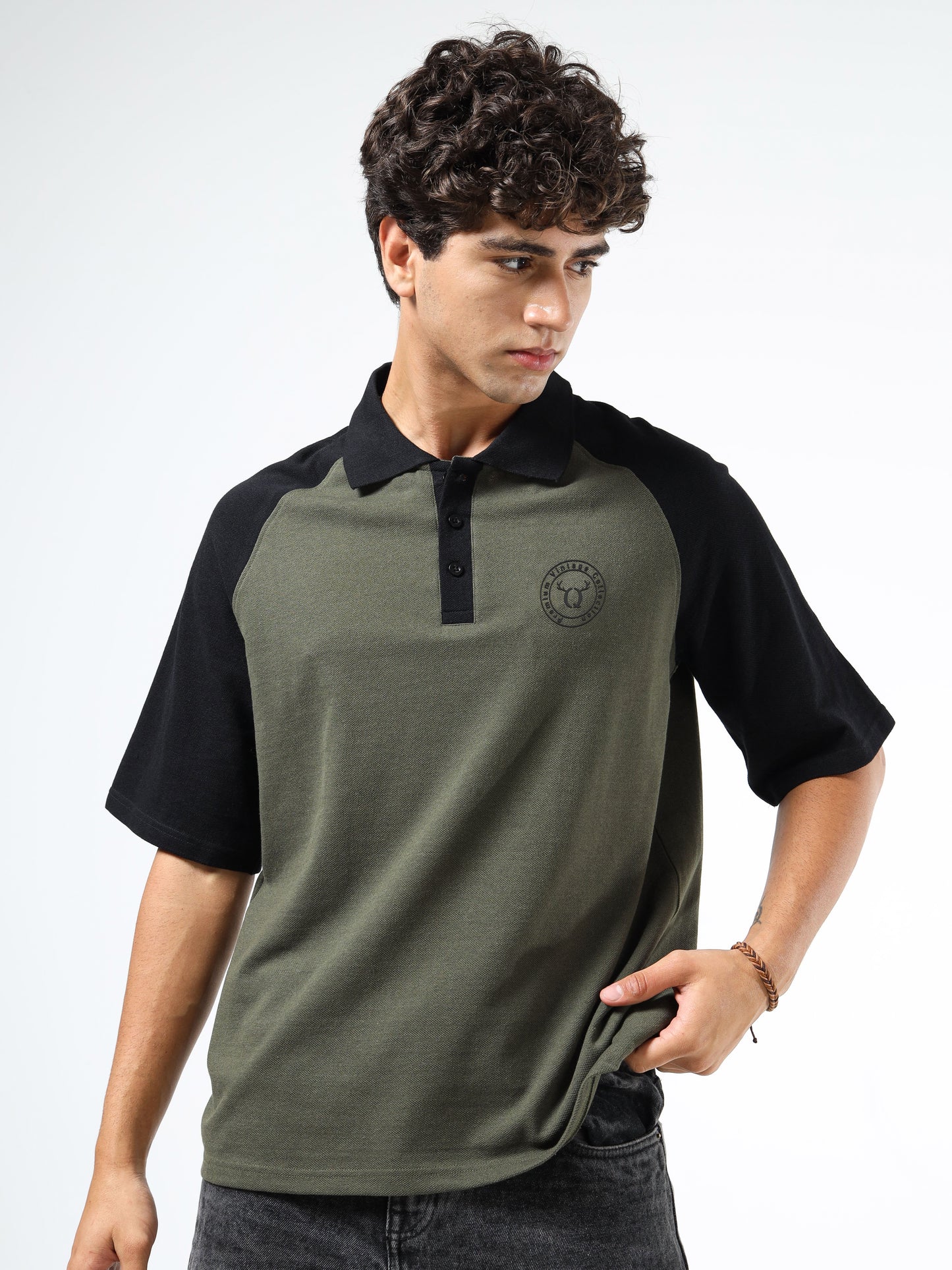 Men’s Olive Green & Black Oversized Polo | Colourblocked | Knitted Cotton | Button Closure