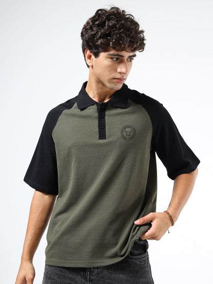 Men’s Olive Green & Black Oversized Polo | Colourblocked | Knitted Cotton | Button Closure