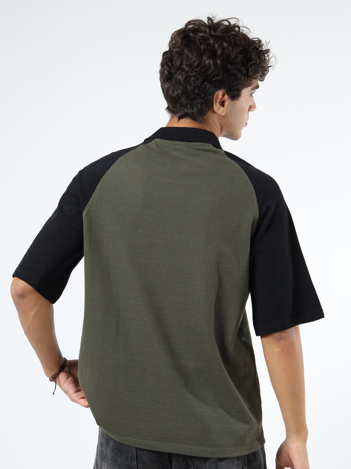 Men’s Olive Green & Black Oversized Polo | Colourblocked | Knitted Cotton | Button Closure