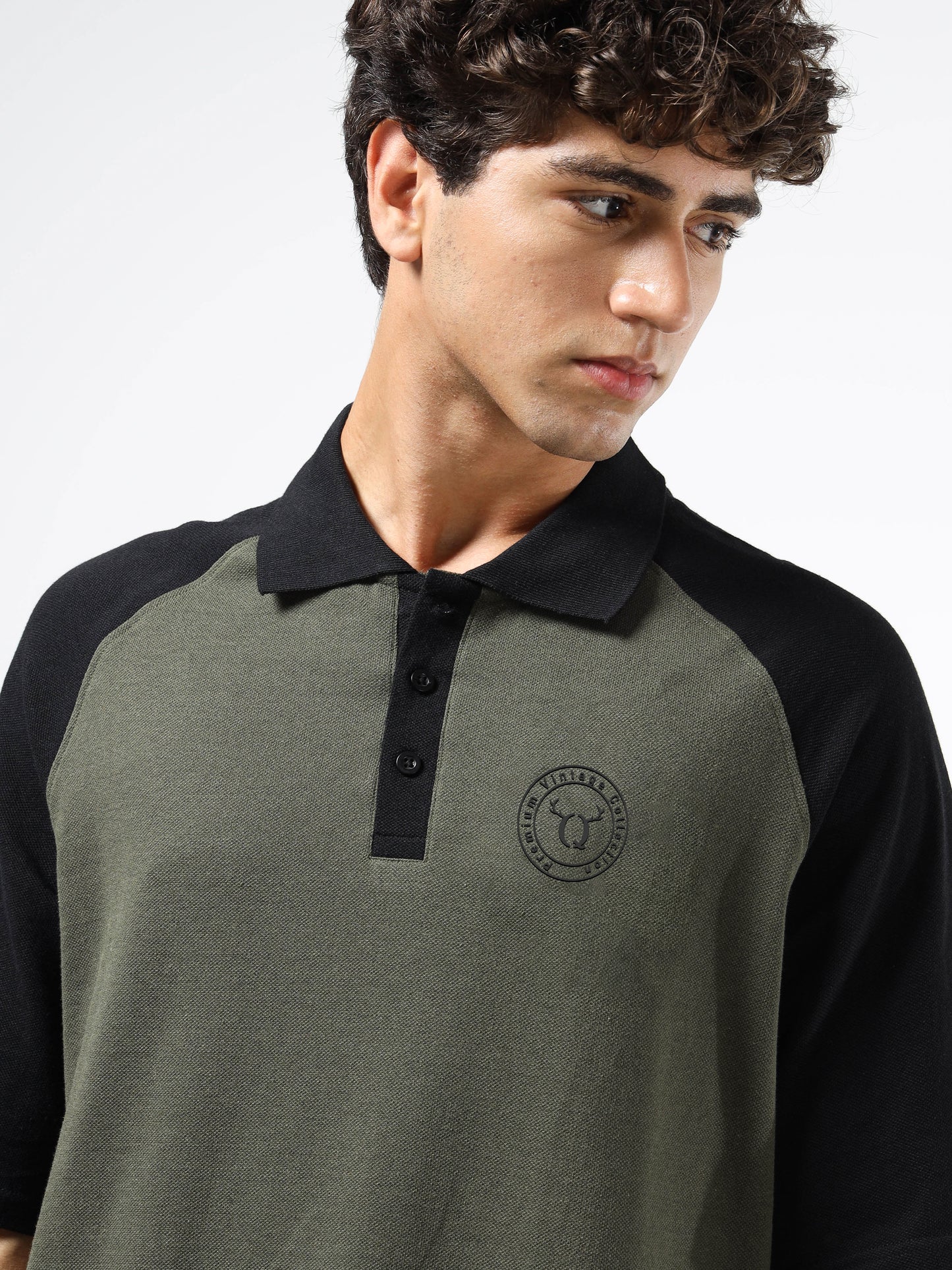 Men’s Olive Green & Black Oversized Polo | Colourblocked | Knitted Cotton | Button Closure