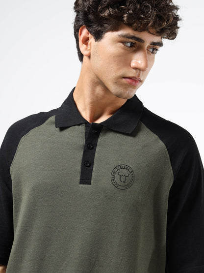 Men’s Olive Green & Black Oversized Polo | Colourblocked | Knitted Cotton | Button Closure