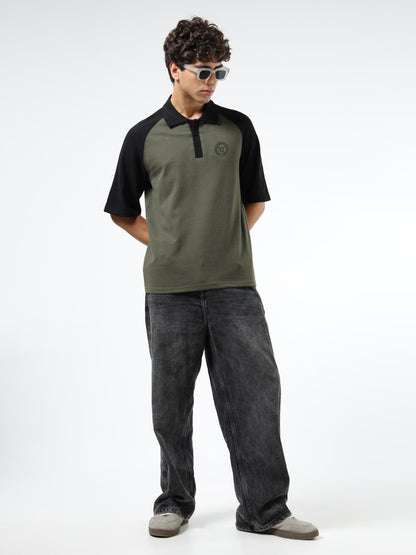 Men’s Olive Green & Black Oversized Polo | Colourblocked | Knitted Cotton | Button Closure