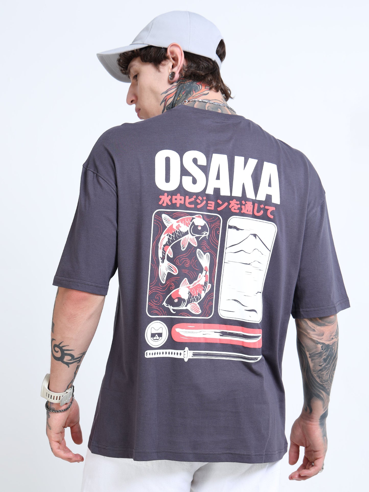 Men’s Steel Grey Osaka Graphic Oversized T-Shirt | Pure Cotton Drop Shoulder Casual Streetwear Tee