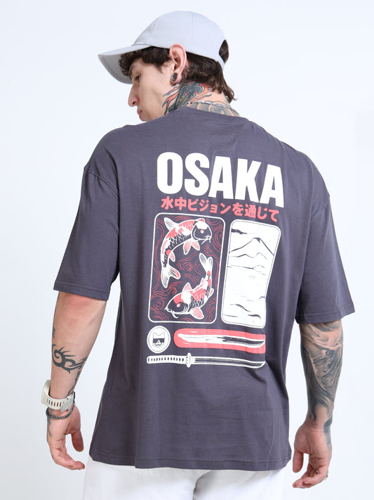Men’s Steel Grey Osaka Graphic Oversized T-Shirt | Pure Cotton Drop Shoulder Casual Streetwear Tee