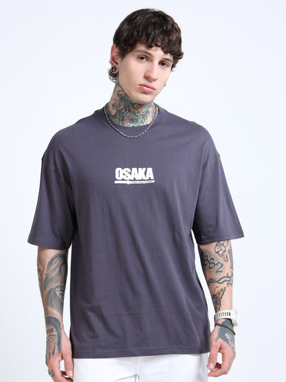 Men’s Steel Grey Osaka Graphic Oversized T-Shirt | Pure Cotton Drop Shoulder Casual Streetwear Tee