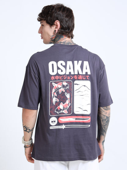 Men’s Steel Grey Osaka Graphic Oversized T-Shirt | Pure Cotton Drop Shoulder Casual Streetwear Tee