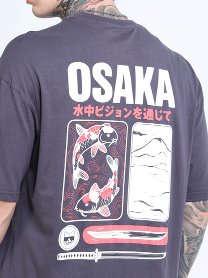 Men’s Steel Grey Osaka Graphic Oversized T-Shirt | Pure Cotton Drop Shoulder Casual Streetwear Tee