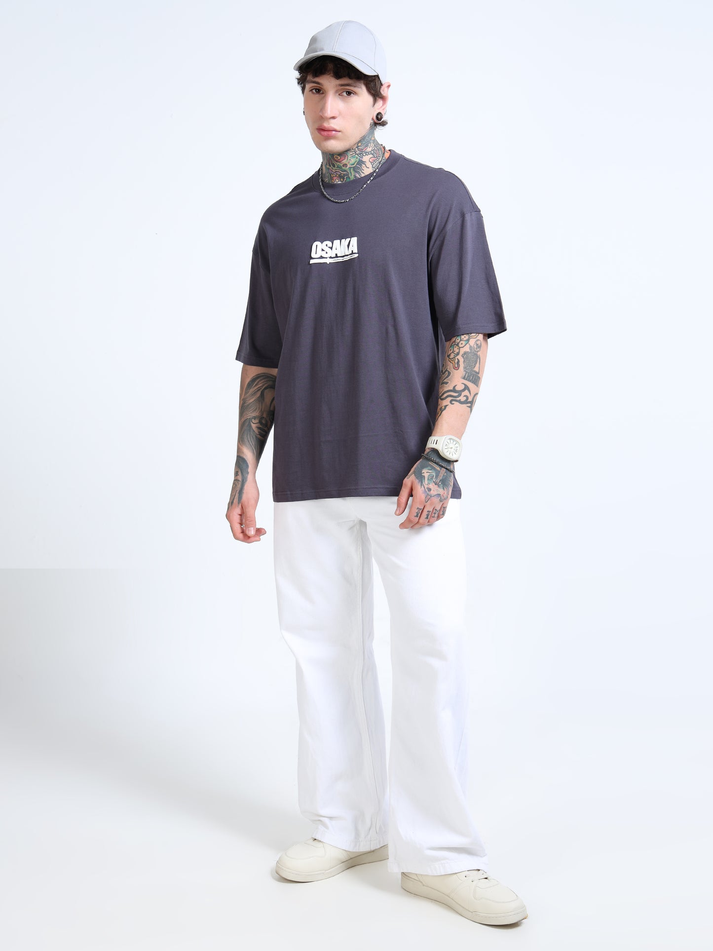 Men’s Steel Grey Osaka Graphic Oversized T-Shirt | Pure Cotton Drop Shoulder Casual Streetwear Tee