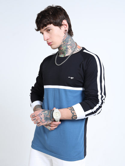 Men’s Black & Blue Colorblock Long Sleeve Crew Neck T-Shirt with Contrast Stripes
