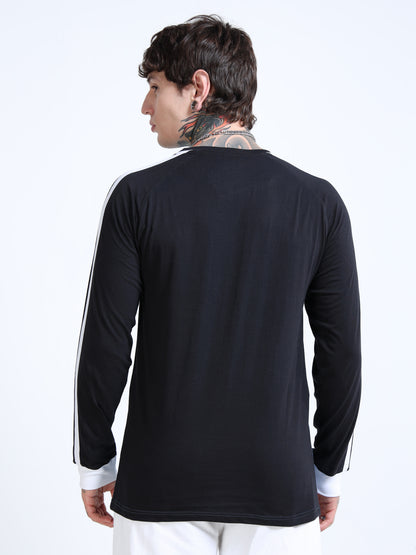 Men’s Black & Blue Colorblock Long Sleeve Crew Neck T-Shirt with Contrast Stripes
