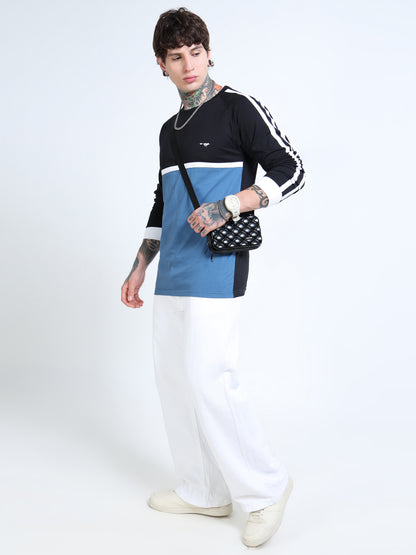 Men’s Black & Blue Colorblock Long Sleeve Crew Neck T-Shirt with Contrast Stripes