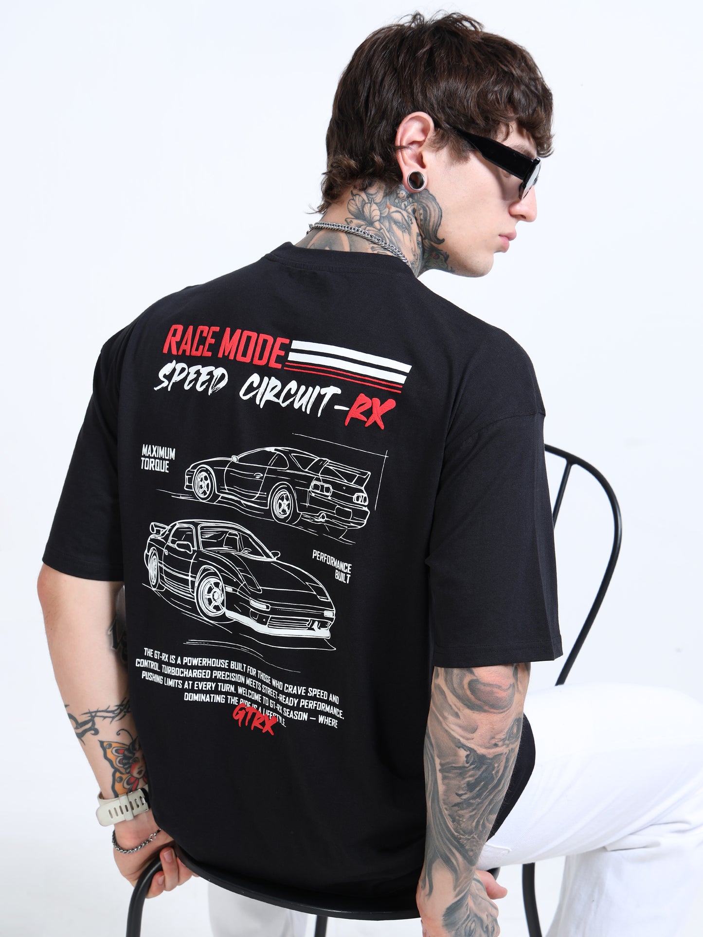 Men’s Black Oversized T-Shirt – Pure Cotton Drop Shoulder Racing Back Print Tee