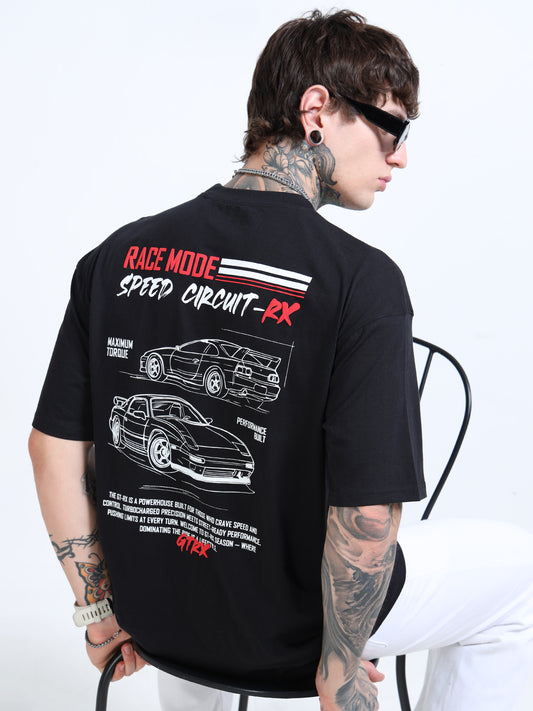 Men’s Black Oversized T-Shirt – Pure Cotton Drop Shoulder Racing Back Print Tee