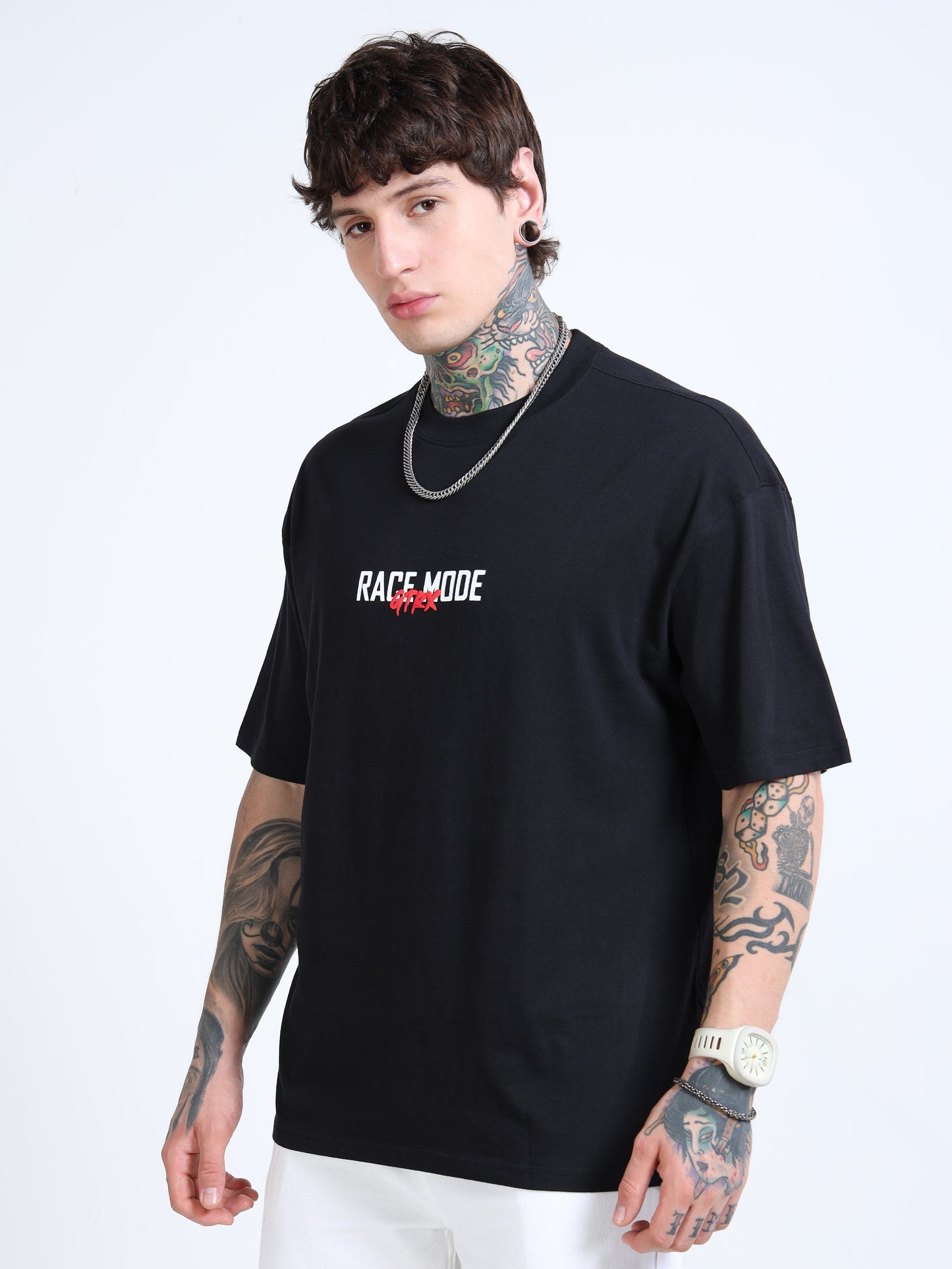 Men’s Black Oversized T-Shirt – Pure Cotton Drop Shoulder Racing Back Print Tee