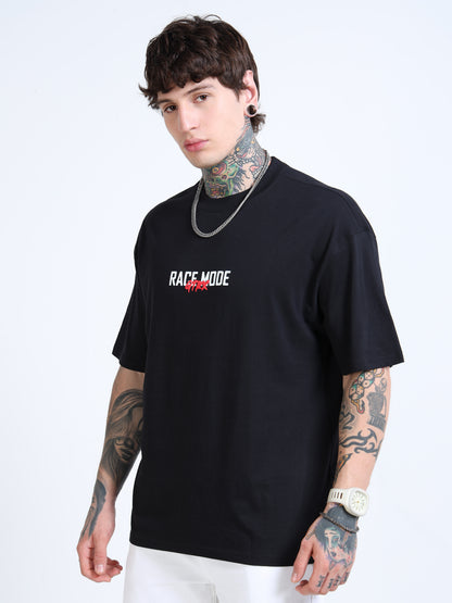 Men’s Black Oversized T-Shirt – Pure Cotton Drop Shoulder Racing Back Print Tee