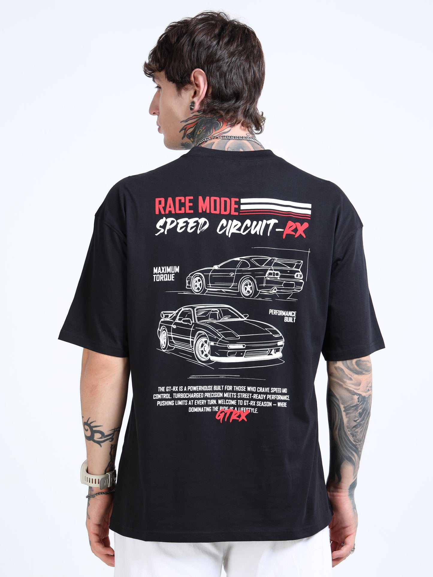 Men’s Black Oversized T-Shirt – Pure Cotton Drop Shoulder Racing Back Print Tee