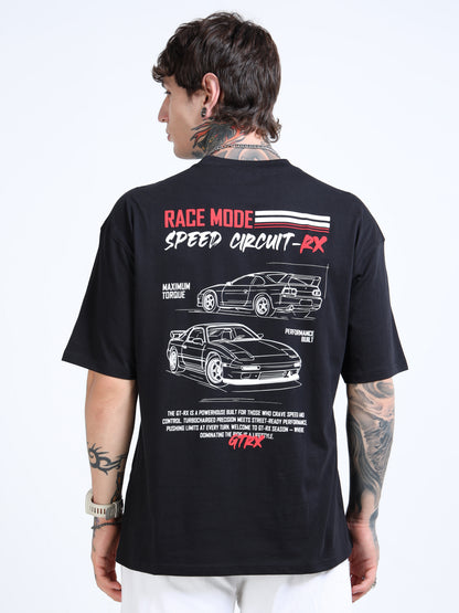 Men’s Black Oversized T-Shirt – Pure Cotton Drop Shoulder Racing Back Print Tee