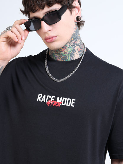 Men’s Black Oversized T-Shirt – Pure Cotton Drop Shoulder Racing Back Print Tee