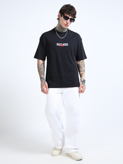 Men’s Black Oversized T-Shirt – Pure Cotton Drop Shoulder Racing Back Print Tee